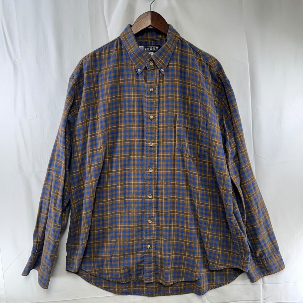 Drysdales Button Down Shirt Mens XL Blue Brown Plaid Long Sleeve USA Made - Picture 1 of 8